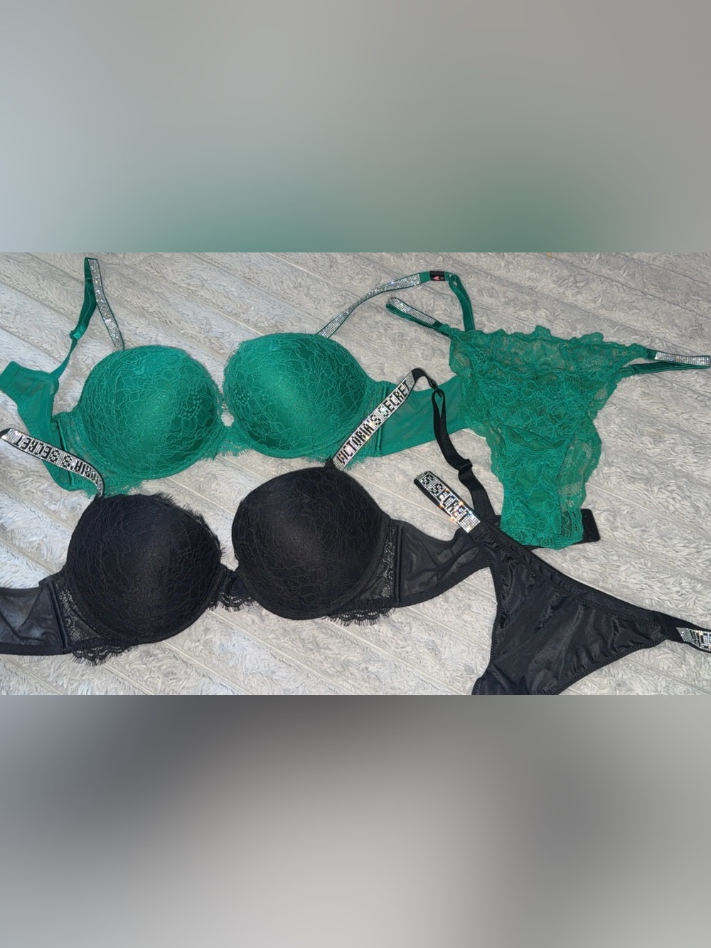 Victoria's Secret Emerald Green and Black BLING Embellished Lace BRA Sets 38C L